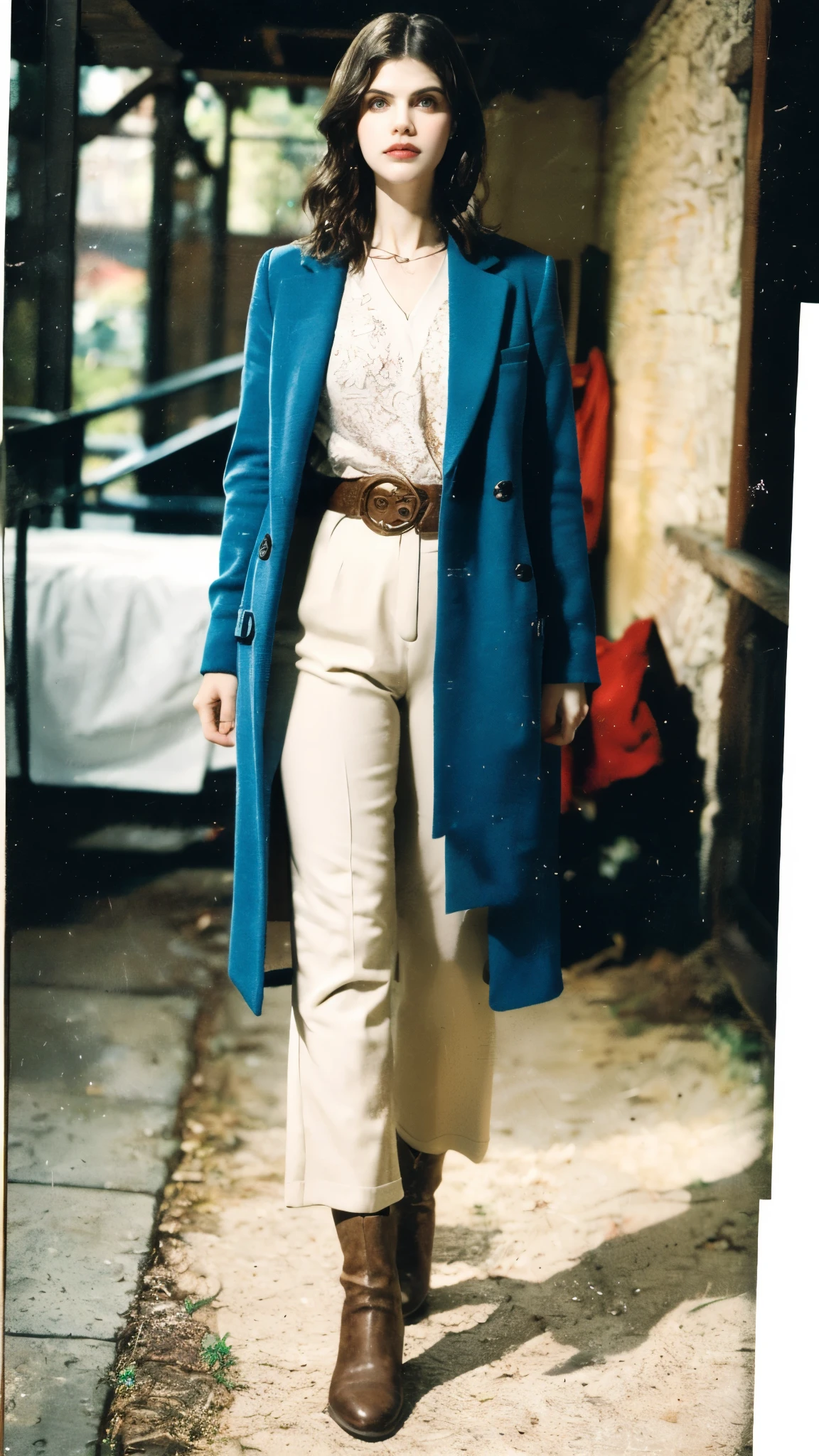 (masterpiece:1.2, best quality:1.2, extremely delicate:1.2), ((Alexandra Daddario:1.2)), a young women with medium-length teal blue long hair, middle part bangs, determined gaze, well-defined facial features, calm expression, sturdy physique, a fantasy-style white long coat with purple-blue patterns, asymmetrical hem, a black belt, gloves, fabric trousers, leather boots, blue and red energy swirling around her, impacting the grassland with their diffused aura, this character embodies a finely crafted fantasy martial arts-style e, exquisite photography, Photo realism, photorealistic, goddess, pale skin, perfect skin, textured skin, detailed skin, porcelain skin, dramatic, high definition, highres, ultra-detailed, ultra-fine painting, professional, perfect body proportions, golden ratio, anatomically correct, symmetrical face, perfect eyes, extremely detailed eyes and face, high quality eyes, creativity, RAW photo, UHD, 32k, Natural light, cinematic lighting, (masterpiece-anatomy-perfect:1.2)
