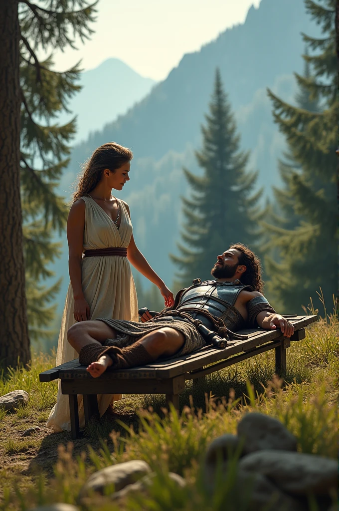 Greek warrior in a stretcher, Beautiful Greek woman standing, surrounded by trees and mountains, cinematic HD.