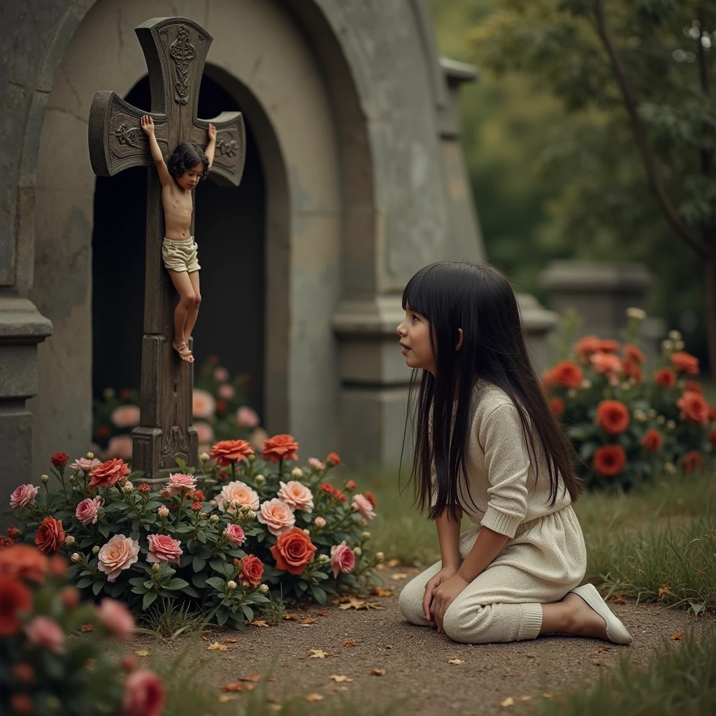  girl long dark hair kneeling crying, in front of tomb, crucifix, Floral, natta.



