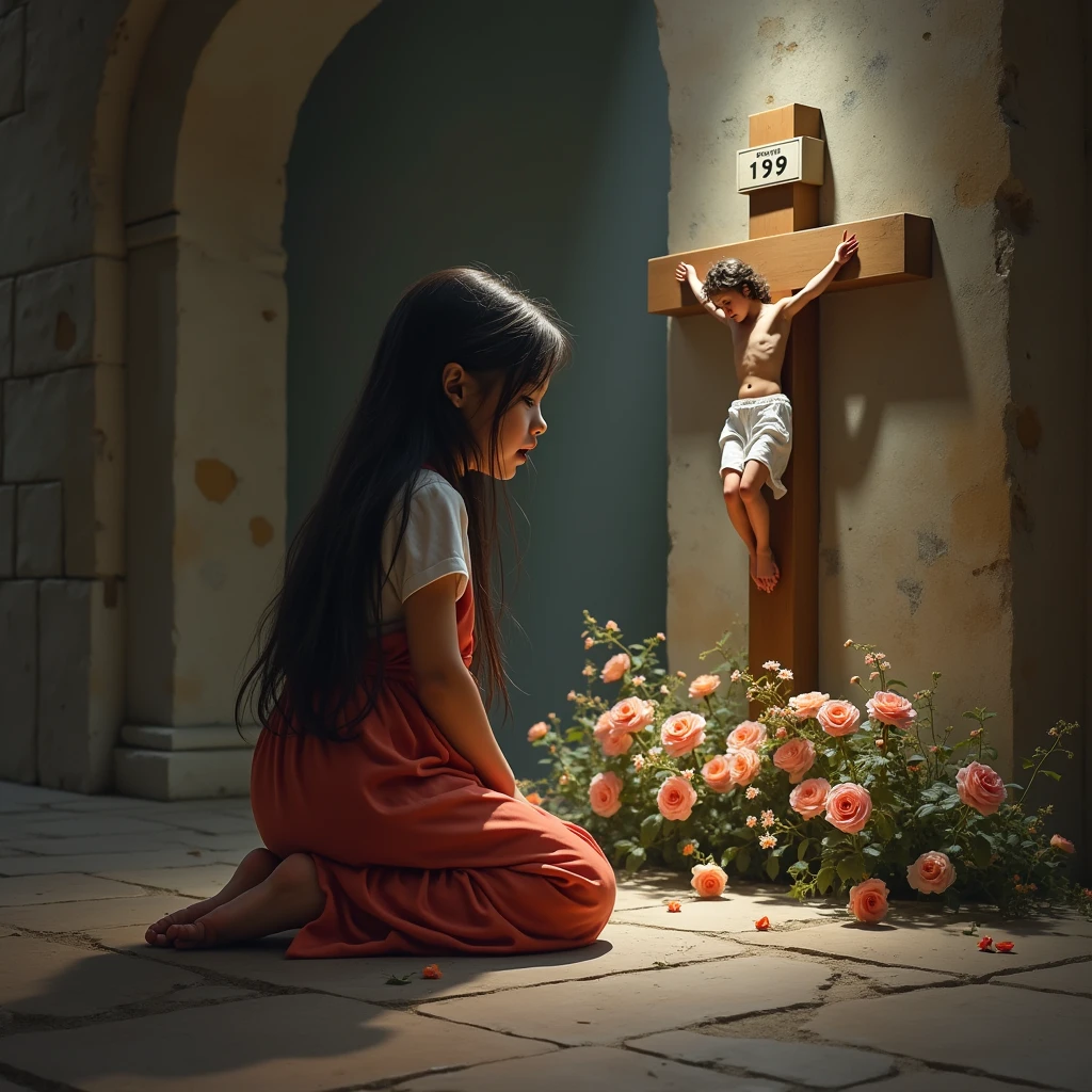 Young girl long dark hair kneeling crying, in front of tomb, crucifix, Floral, natta.