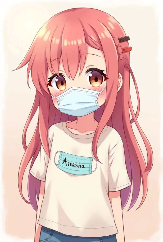 Cute anime girl wear a mask on her shirt written AREESHA