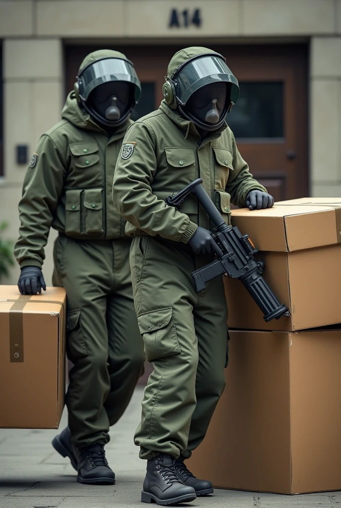 Two bomb disposal experts in an olive green suit with a helmet during a furniture move with full hands and boxes. Faces cannot be recognized. In front of a building with the inscription A14.