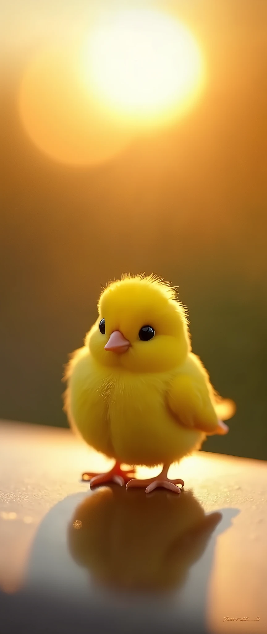 (masterpiece:1.2,Exceptional Quality,mirror-like,Cinematic Experience,Photorealistic,RAW Photos,Super detailed),8k,wallpaper,Yellow Bird,(Very small:2.0),Round body,cute,(Reflected light from the sun:2.0),Pompidou々