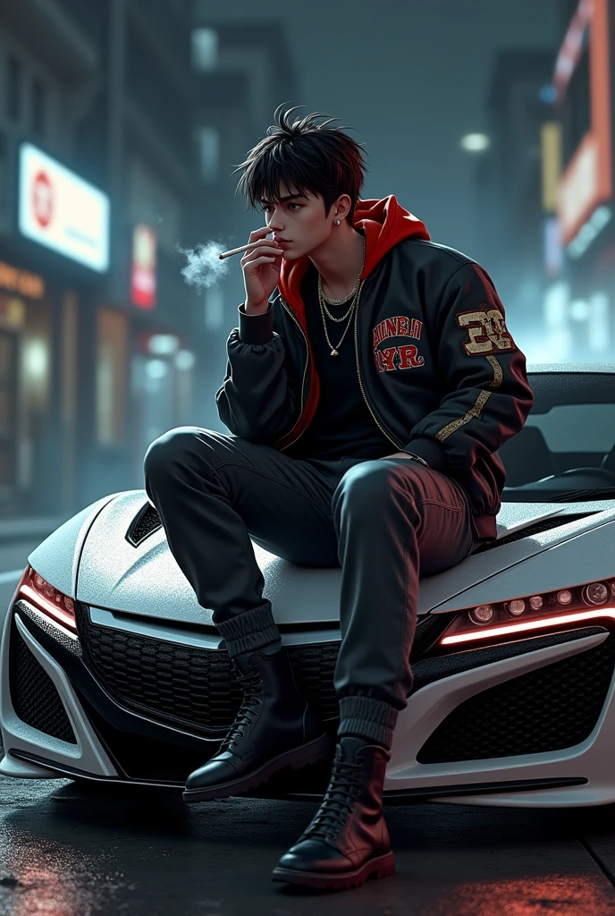 a boy with name NICHI on jacket, sitting on a car HONDA NSX R, a boy smoking, realistic artstyle, realism artstyle, e - boy, e-boy, realistic art style, striking detailed artstyle, photorealistic artstyle, photorealistic!!!!!!! art style, [ 4 k digital art ]!!, dark but detailed digital art