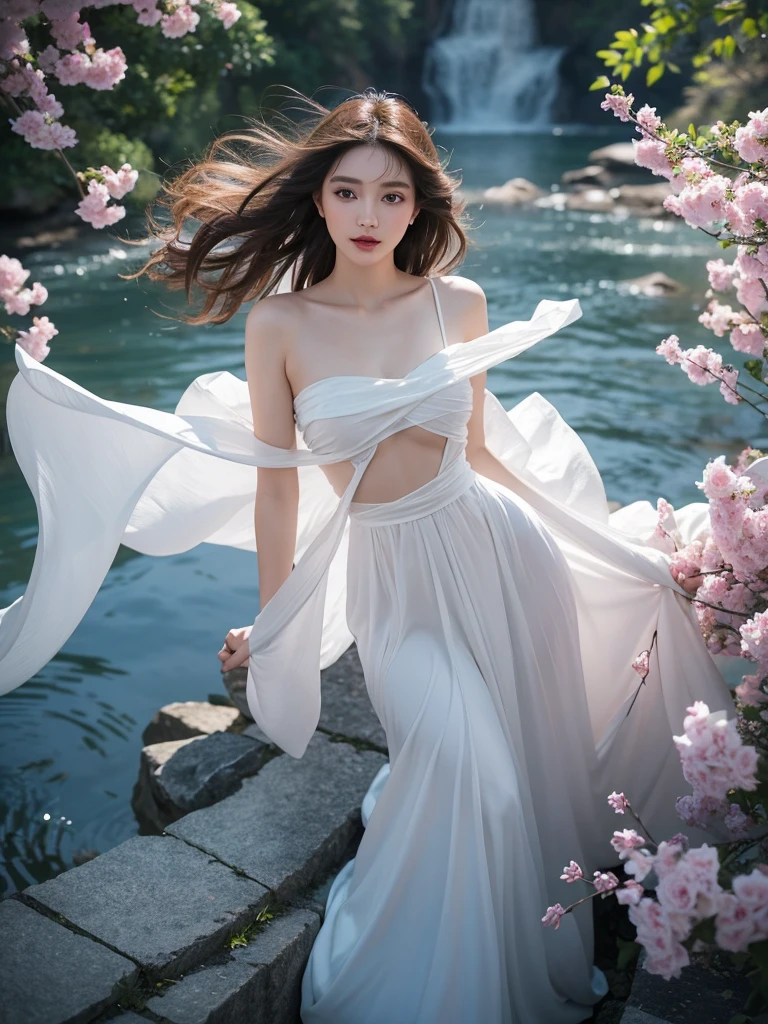 romantic rose dress 2, deep in wonderland,The moonlight falls like water,foggy room,The figure of the heroine is vaguely visible,Just like the fairy in the painting,Slender sexy legs,Very beautiful legs,Exposes a sexy,Large Breasts,Beautiful with a hint of mystery。Her face is beautiful and delicate,Like finely carved jade,Showing otherworldly beauty。Picturesque eyebrows,The waves in my eyes are like twinkling stars,Show the light of perseverance and wisdom。The bridge of the nose is straight,Lip color like cherry,The slightly raised corners of the mouth reveal confidence and calmness。her face is chiseled,Skin as fair as jade,Reveal healthy glow,like a fairy, She never eats fireworks in this world。Her makeup is light and delicate,No excessive embellishment,But enough to show her temperament and charm。Light-colored foundation brings out the transparency of the skin,A light eyebrow pencil outlines her perfect eyebrow shape,Eye makeup is eye shadow and eyeliner,Make her eyes brighter and more energetic。Apply elegant lipstick on your lips,Adds a bit of charm and sophistication。Her white transparent dress is elegant and chic,Clothes fluttering,It seems like it will be blown up by the wind at any time,drifting into the distance。Without losing Elegant,Also showed off her extraordinary skills。A wide belt is tied around the waist,There is a crystal clear jade pendant hanging on it,Swinging with her movements。Her hair is tied back casually,Secure it with hostas,A few strands of hair flutter gently in the wind,Adds a bit of softness。Her figure is looming in the fairyland,Like a Large Breasts Beautiful landscape,Attracted everyone's concern。She seems to be a fairy in wonderland,Large Breasts Beautiful、elegant、mystery、and full of power。