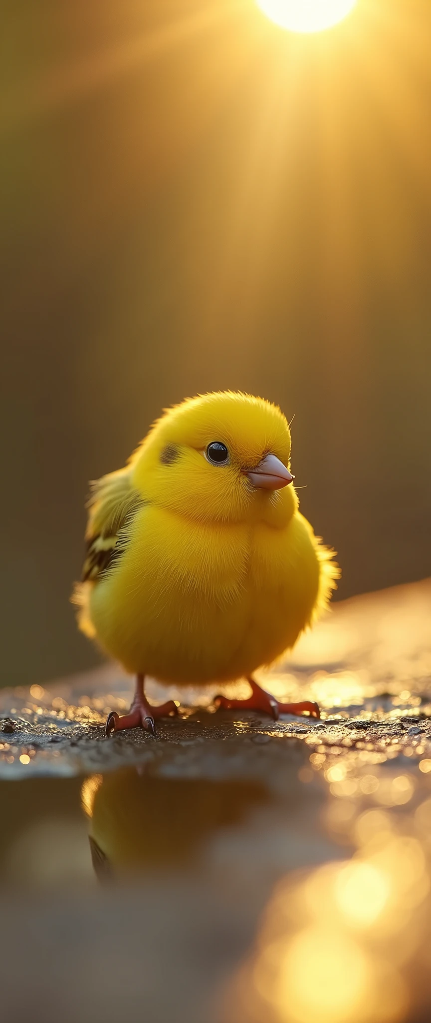 (masterpiece:1.2,Exceptional Quality,mirror-like,Cinematic Experience,Photorealistic,RAW Photos,Super detailed),8k,wallpaper,Yellow Bird,(Very small:2.0),Round body,cute,(Reflected light from the sun:2.0),Pompidou々