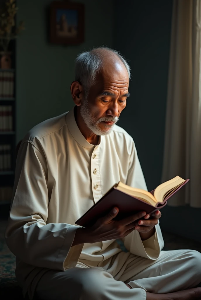 malay senior citizen wearing white color reciting al quran 