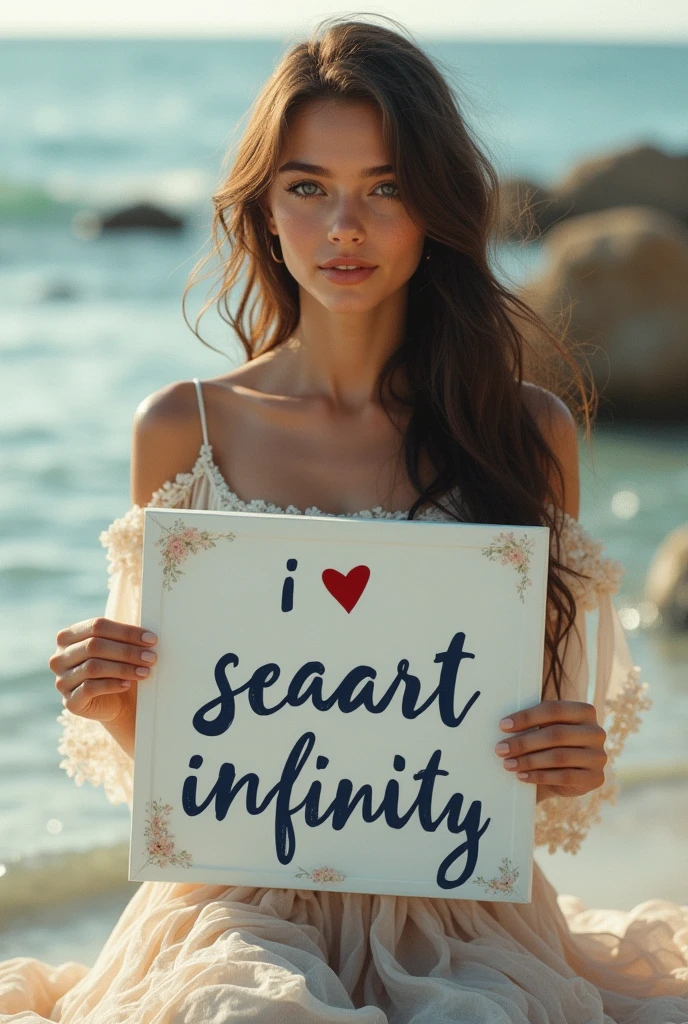 Beautiful girl with wavy long hair, bohemian dress, holding a white board with text "I Love Seaart Infinity" and showing it to the viewer