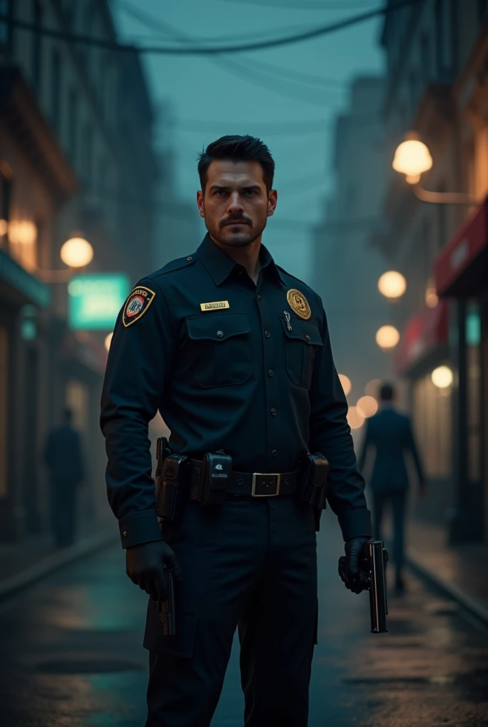 Colin O' Donoghue Killian Jones, with short black hair, as a fbi agent. He stares into the camera, it's a dark, mystic atmosphere. He wears an fbi uniform and holds a gun in his right hand. he is outside in the streets. Make it fulbody hyperrealistic, cinematic with a touch of magic.