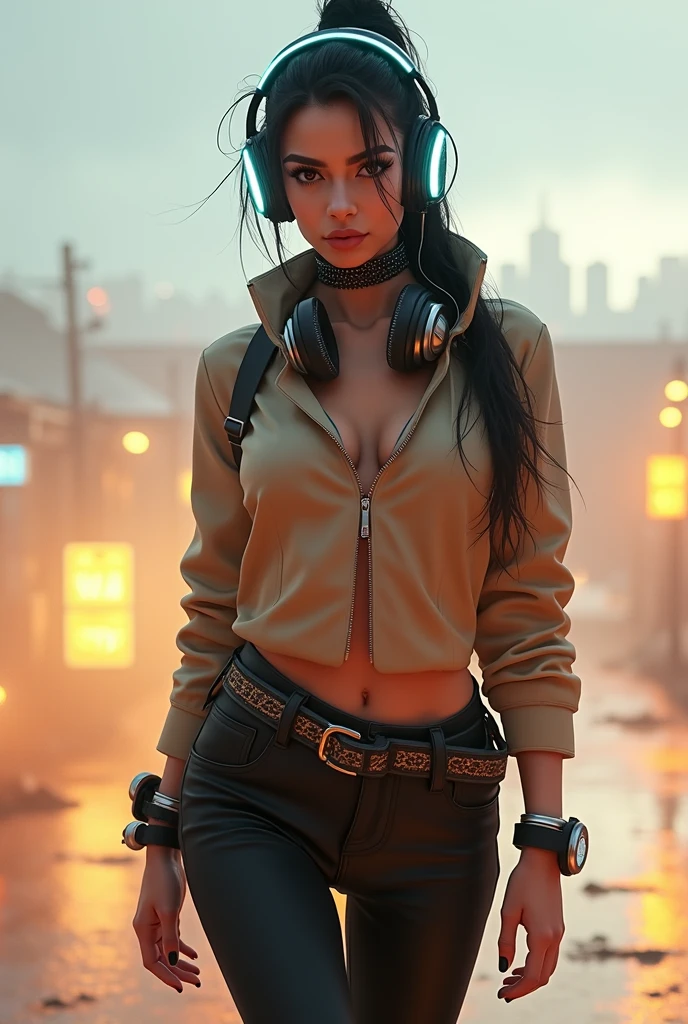 cyberpunk Persian girl, glowing wires, headphone, dark city, reflective puddles, neon signs,, Photorealistic, Hyperrealistic, Hyperdetailed, analog style, soft lighting, subsurface scattering, realistic, heavy shadow, masterpiece, best quality, ultra realistic, 8k, golden ratio, Intricate, High Detail, film photography, soft focus, RAW candid cinema, 16mm, color graded portra 400 film, remarkable color, ultra realistic,