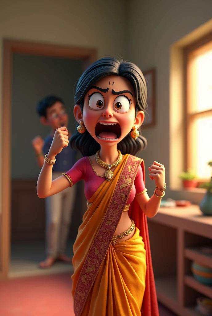 Saree wear Woman shouting on husband ai 3d cartoon type realistic image 