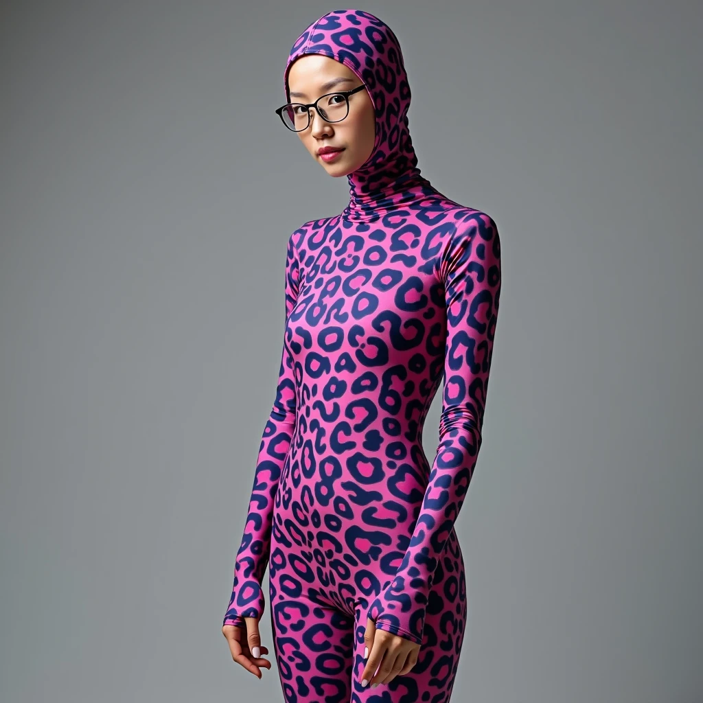 The beautiful and thinest chinese adult woman with glasses purple and pink leopard print lycra elasticity turtleneck unitard catsuit.She always wear hijab-like zentai costume hood made of lycra elasticity.She performs contortion when she is my contortionist.