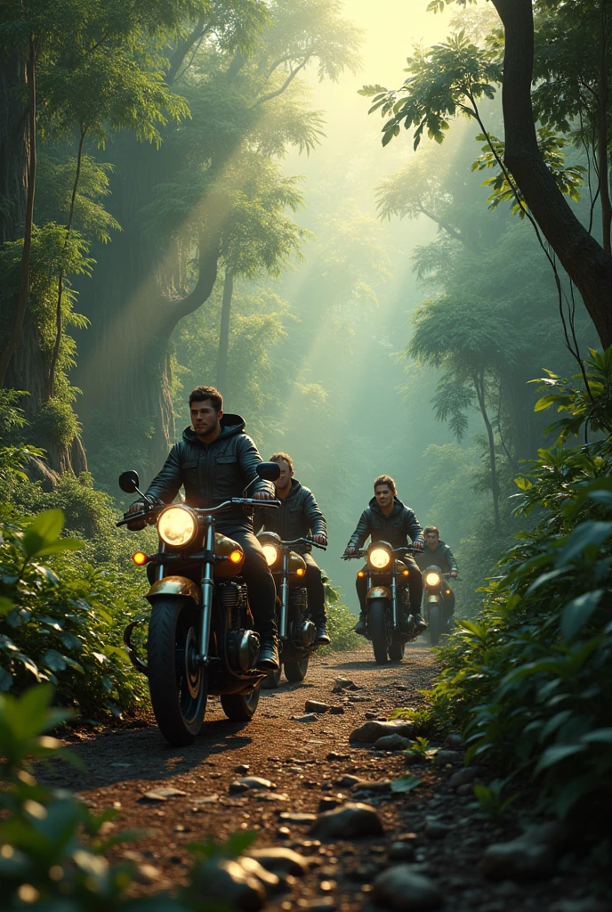Exploring the heart of the jungle on two wheels with friends -where every trail leads to adventure and every moment is a new discovery , metal body reflection, hyper realistic,minut details dence forest, 4k quality , evening time, extreme detailing , fantacy world