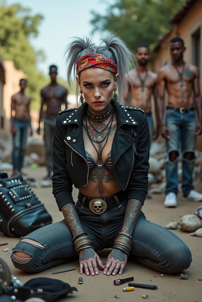 russian milf woman, grey hair (pouf, shaved sides and top bun and shaved sides) and wide colourful bandana as headband, with very light blue eyes, extremely pale. Wearing cropped black suede moto jacket with studded collar, lots of zippers and pins, black push up bra with white seams , dark skinny blue jeans with holes in knees and dirty white tennis sneakers . Studded Choker. Lots of metallic bracelets and collars. Tacky wide studded leather belt with oversized skull and bones buckle. Long bohemian earrings with feather. Kneeling like in a payer, looking at the camera, humble facial expression. Hands on her knees, showing off bracelets and rings. studded black leather tote bag with chains on the floor, next to her.. Listening in amazement to somebody speaking to her, toned six pack abdominals, thin neck, slim legs and thin arms. Tattoed heavily. Dirt street in Kenian village full of waste. A lot of tanned shirtless men in jeans around looking at her. next to her, all her belongings scattered on the floor: makeup kit, little makeup mirror, studded black leather tote bag, lipstick, wallet, moble etc on the floor