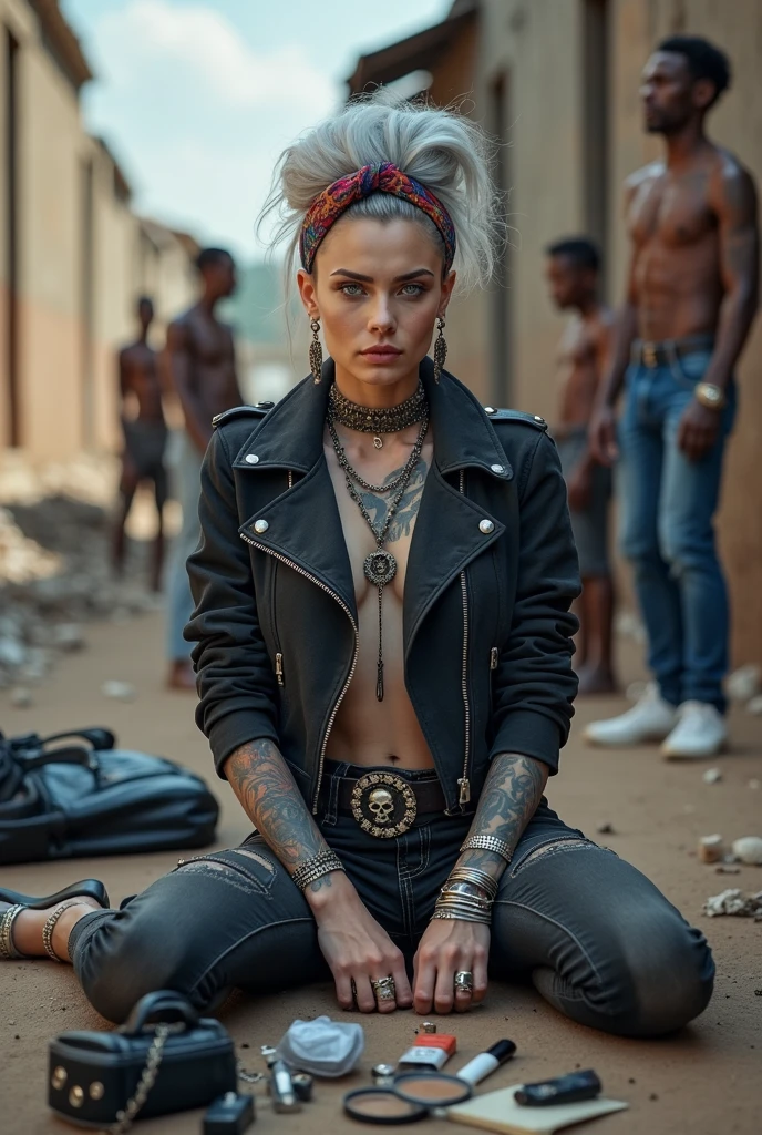 russian milf woman, grey hair (pouf, shaved sides and top bun and shaved sides) and wide colourful bandana as headband, with very light blue eyes, extremely pale. Wearing cropped black suede moto jacket with studded collar, lots of zippers and pins, black push up bra with white seams , dark skinny blue jeans with holes in knees and dirty white tennis sneakers . Studded Choker. Lots of metallic bracelets and collars. Tacky wide studded leather belt with oversized skull and bones buckle. Long bohemian earrings with feather. Kneeling like in a payer, looking at the camera, humble facial expression. Hands on her knees, showing off bracelets and rings. studded black leather tote bag with chains on the floor, next to her.. Listening in amazement to somebody speaking to her, toned six pack abdominals, thin neck, slim legs and thin arms. Tattoed heavily. Dirt street in Kenian village full of waste. A lot of tanned shirtless men in jeans around looking at her. next to her, all her belongings scattered on the floor: makeup kit, little makeup mirror, studded black leather tote bag, lipstick, wallet, moble etc on the floor