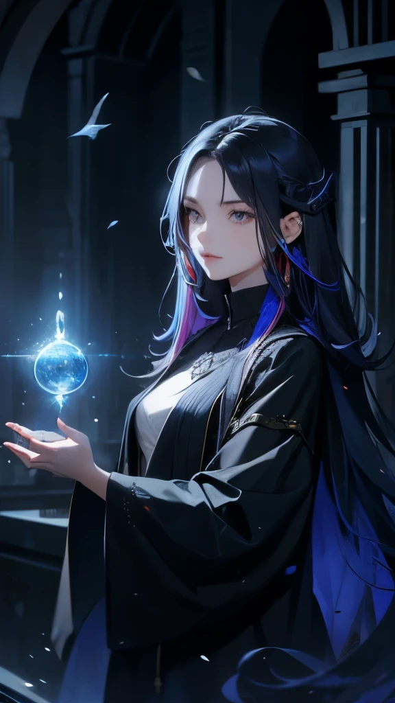 work of art, best resolution, cold and dark illusion hunter; fantastic, imaginative, mysticism, powerful, alquimia, magie, charms, Spell, long and colorful hair