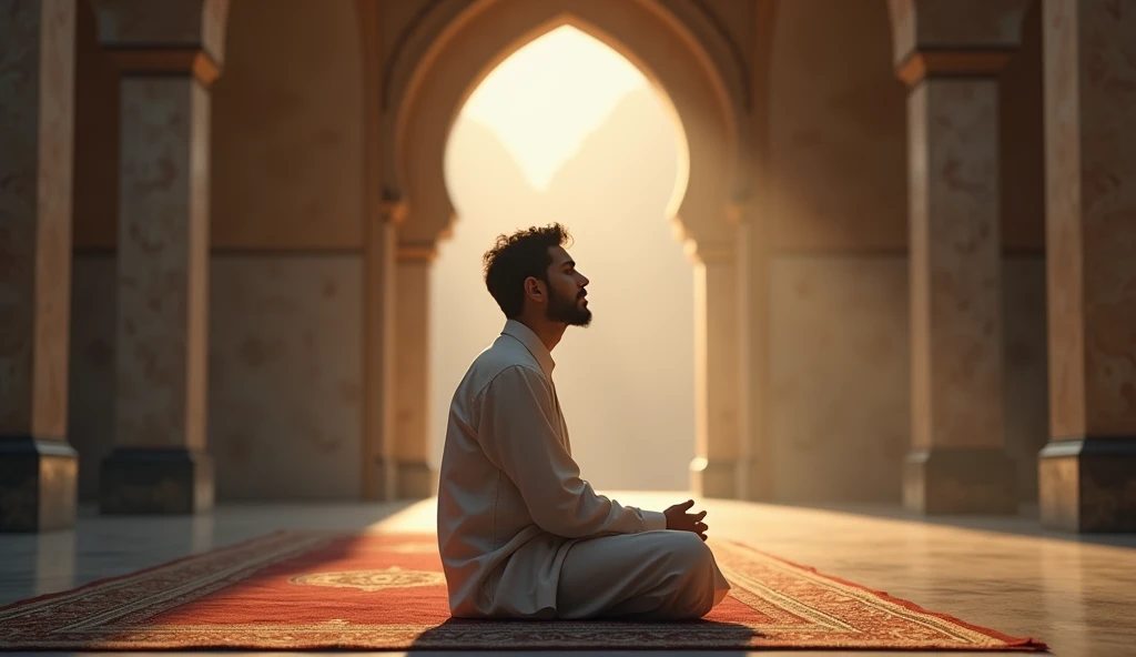 Here’s the prompt for this scene:
"A detailed scene of the young man, now filled with longing and deep desires, sitting alone in the mosque. He is reciting Istighfar with closed eyes, seeking forgiveness and hoping for the fulfillment of his wishes. The atmosphere is calm and spiritual, with soft light illuminating his sincere expression. The mosque's simple yet beautiful architecture surrounds him, reflecting his humility and devotion as he earnestly seeks forgiveness from Allah."