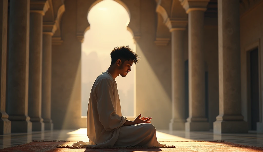 Here’s the prompt for this scene:
"A detailed scene of the young man, now filled with longing and deep desires, sitting alone in the mosque. He is reciting Istighfar with closed eyes, seeking forgiveness and hoping for the fulfillment of his wishes. The atmosphere is calm and spiritual, with soft light illuminating his sincere expression. The mosque's simple yet beautiful architecture surrounds him, reflecting his humility and devotion as he earnestly seeks forgiveness from Allah."