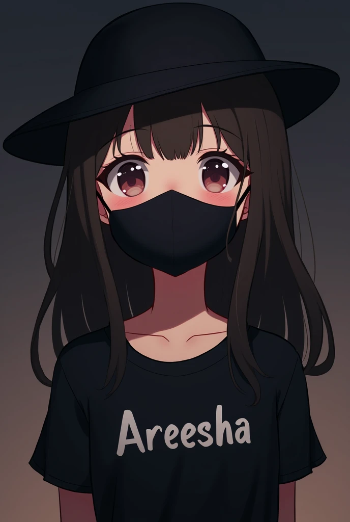 Cute anime girl wear a mask on black drees her shirt written AREESHA