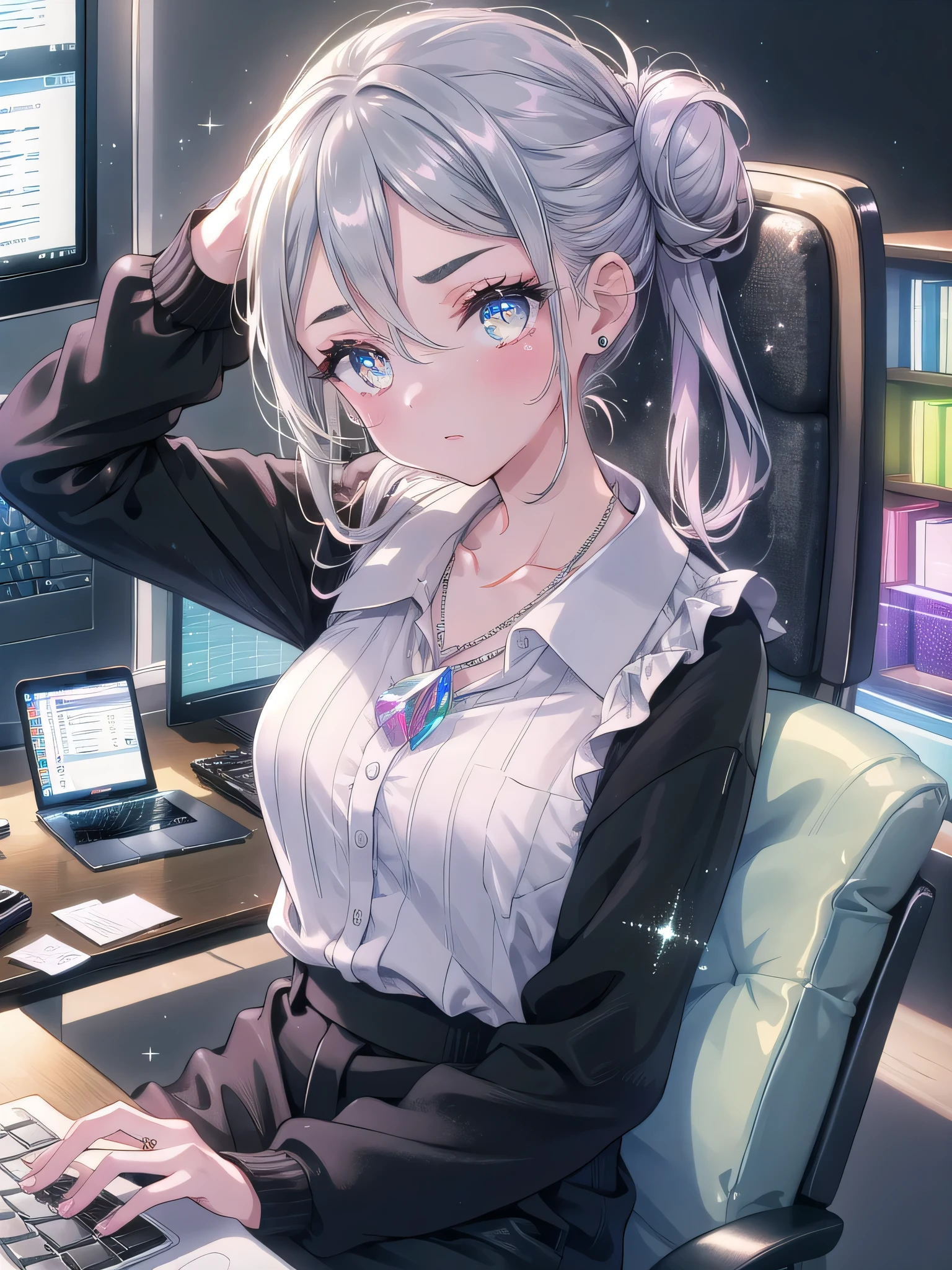 ((8k, Highest quality, masterpiece: 1.3)),Ultra-high resolution,(1 girl, alone), (Color changing eyes, Ultra-detailed, Expressive brilliance, Glitter, Glowing Eyes), Highly detailed eyes, Highly detailed face, Random Hair, ((pastel colour))The woman is seated at her sleek, modern desk in a spacious, sunlit office. Her workspace is organized, with a laptop open in front of her, displaying a spreadsheet. A black leather notebook lies to her left, with a pen resting on top. She’s dressed in a smart casual outfit— a white blouse tucked into high-waisted black trousers, and a delicate silver necklace. Her hair is neatly pulled back into a low bun. She’s looking at the camera with a focused expression, her brows slightly furrowed as she types quickly on the keyboard, concentrating on the task at hand.