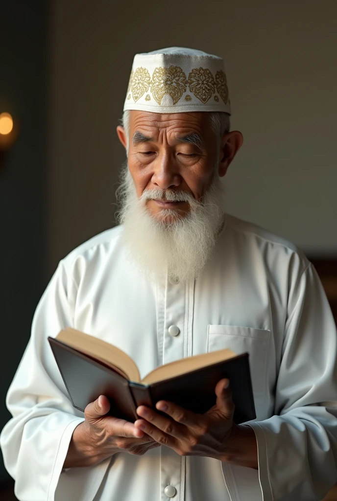 malay senior citizen wearing white color reciting al quran wearing kopiah as well