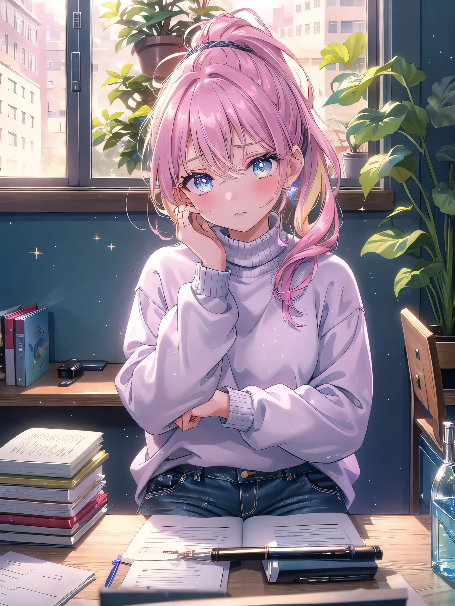 ((8k, Highest quality, masterpiece: 1.3)),Ultra-high resolution,(1 girl, alone), (Color changing eyes, Ultra-detailed, Expressive brilliance, Glitter, Glowing Eyes), Highly detailed eyes, Highly detailed face, Random Hair, ((pastel colour)) Seated at a shared desk in a bustling open-plan office, the woman is focused on writing notes in a spiral-bound notebook. Her desk has a few personal touches—a small potted plant, a framed photo, and a reusable water bottle. She’s dressed in a casual sweater and dark jeans, with her hair tied back in a ponytail. She glances up at the camera with a slightly frustrated expression, her lips pressed together as if she’s dealing with a difficult problem or tight deadline.