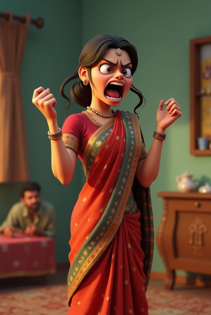 Saree wear Woman shouting on husband ai 3d cartoon type realistic image 