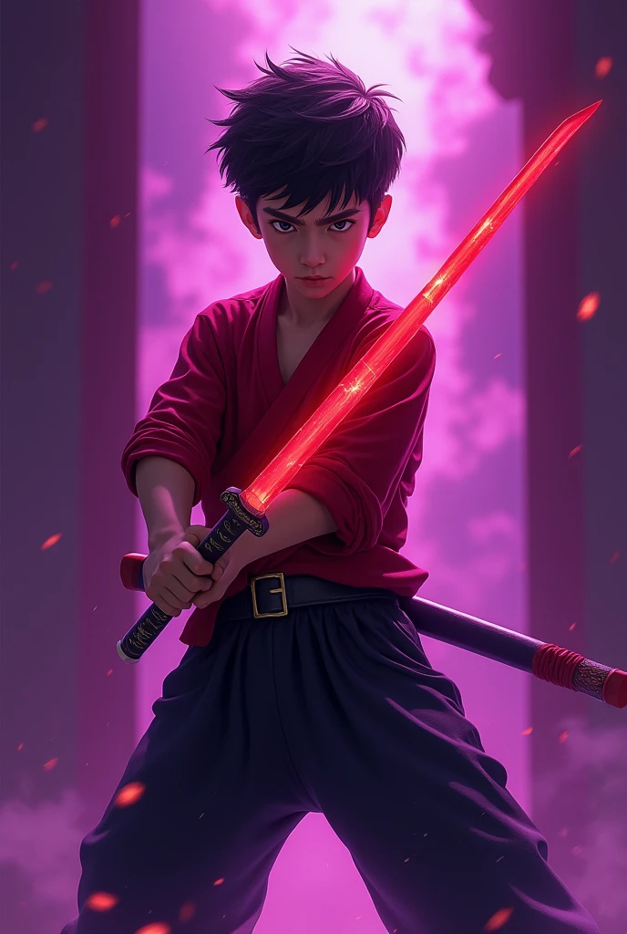 A boy with red shirt and black pants and holding red katana background purple