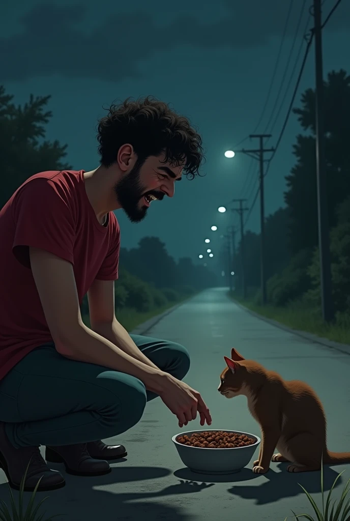 A young man with small French beard in red T-shirt give a bowl full of brown cat food to a little brown cat on the road side in the night with evil laugh and the little brown cat eat the brown food