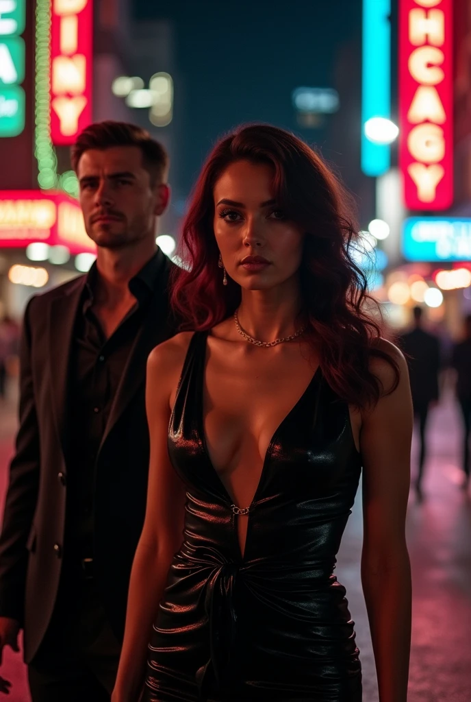 Beautiful bitch in night Chicago with her hired boyfriend