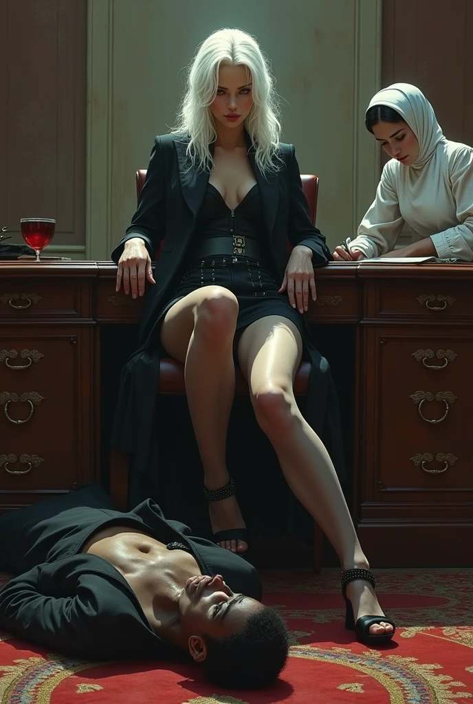 A cruel, intelligent and evil Russian woman, with platinum hair, dressed in a black miniskirt, black jacket, gray stockings and black high-heeled sandals, works sitting in front of her desk and her computer, while resting her feet over the head of a african child malnourished lying on the floor crying.
In the background, an office and a black maid crawling on the floor, cleaning the rich family's sandals.