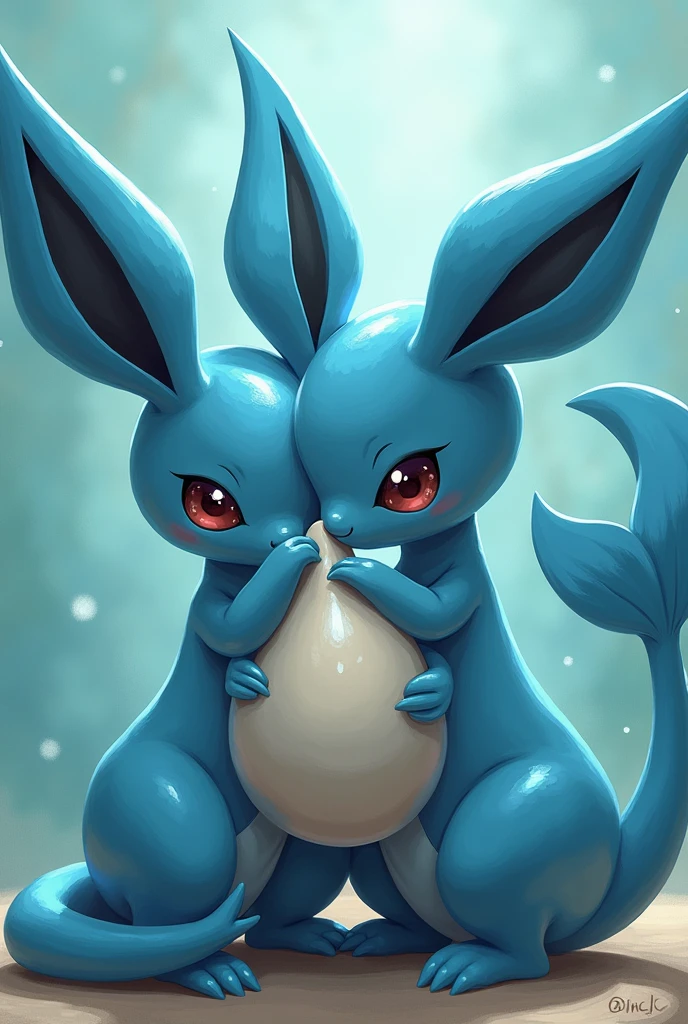 Naked anthropomorphic blue Pokemon Vaporeon having sex with another Pokemon and cumming inside Vaporeon's vagina while they are excited and with nipples