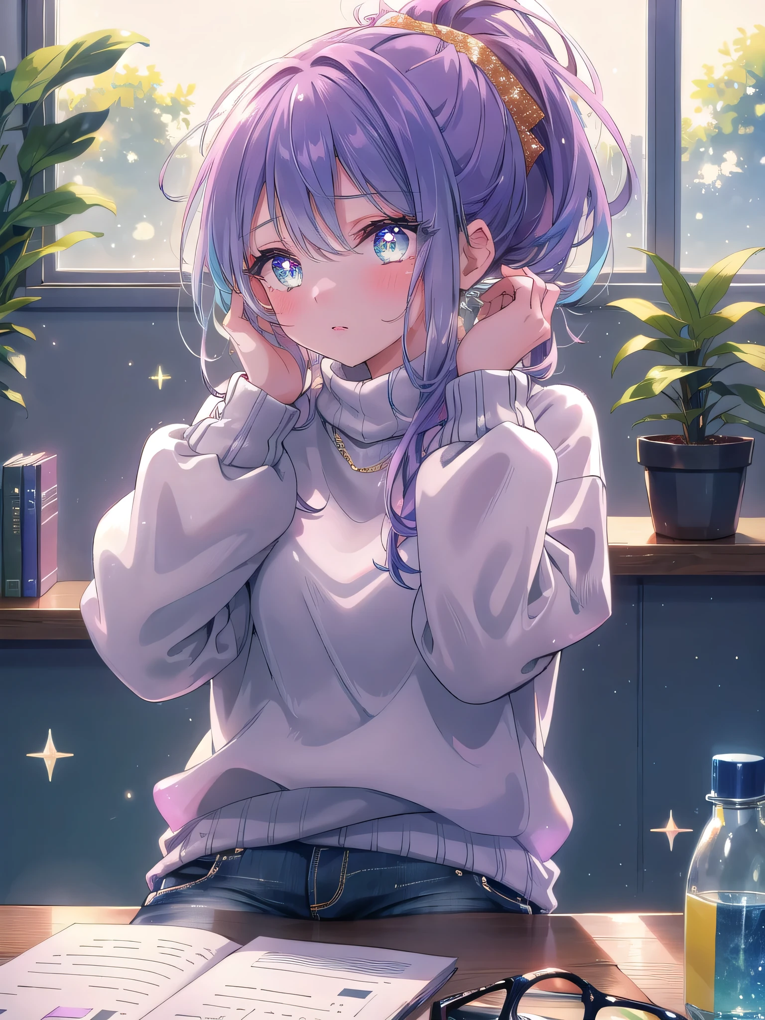 ((8k, Highest quality, masterpiece: 1.3)),Ultra-high resolution,(1 girl, alone), (Color changing eyes, Ultra-detailed, Expressive brilliance, Glitter, Glowing Eyes), Highly detailed eyes, Highly detailed face, Random Hair, ((pastel colour)) Seated at a shared desk in a bustling open-plan office, the woman is focused on writing notes in a spiral-bound notebook. Her desk has a few personal touches—a small potted plant, a framed photo, and a reusable water bottle. She’s dressed in a casual sweater and dark jeans, with her hair tied back in a ponytail. She glances up at the camera with a slightly frustrated expression, her lips pressed together as if she’s dealing with a difficult problem or tight deadline.