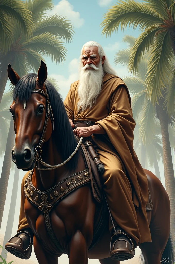 A great master. White beard from putni to kite. Sitting on a horse. Big palm trees around.