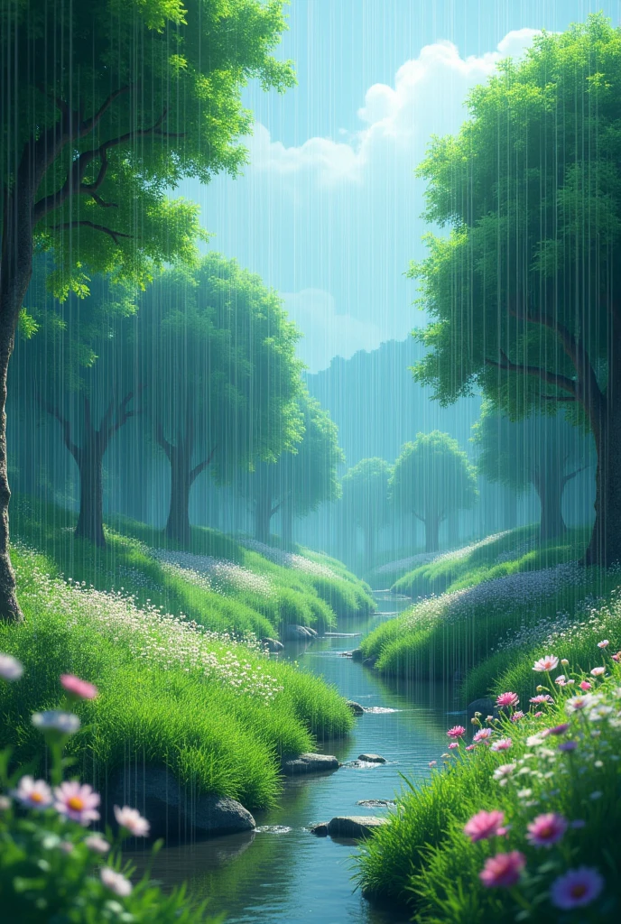 Reincarnation Anime-style 3D landscape, no people, heavy rain, beautiful spring