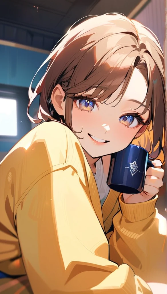 1woman, 独奏, gray eyes, detailed eyes, eyelashes, light lips, 25years old, Brown Hair, Neat bangs, smile, happy, ponytail, oversized yellow cardigan, White T-shirt, blue denim, Put your mouth on the mug, ((look down)), Sitting on a vermilion sofa, My Room, Relaxed atmosphere