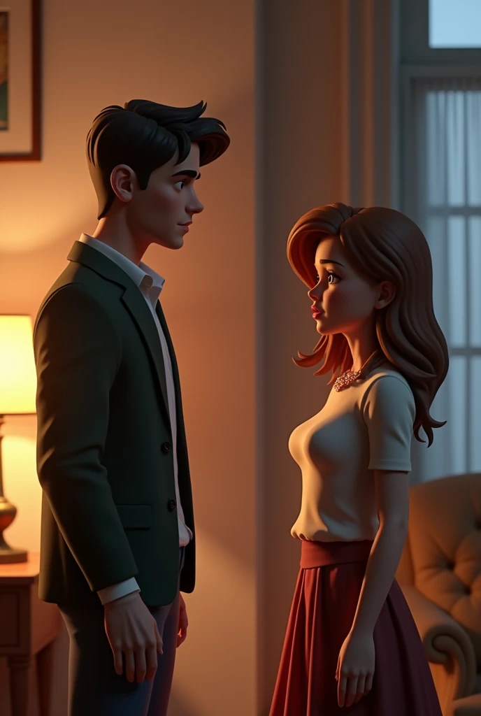 3D animation style.'A couple in the room,The male protagonist calmly said breakup,The heroine stepped back in shock,Dropping something in your hand"