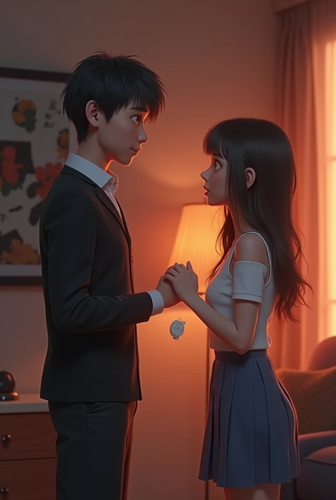 3D animation style.'A couple in the room,The male protagonist calmly said breakup,The heroine stepped back in shock,Dropping something in your hand"