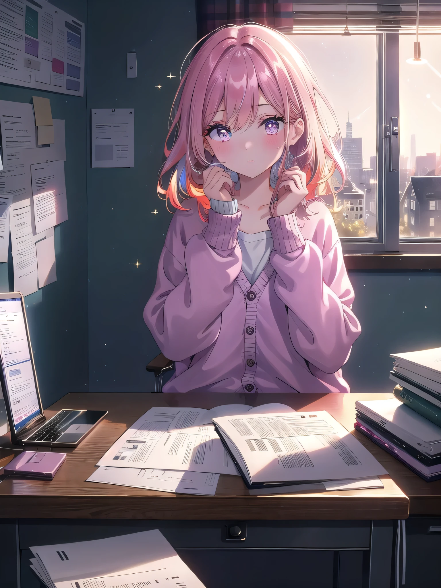 ((8k, Highest quality, masterpiece: 1.3)),Ultra-high resolution,(1 girl, alone), (Color changing eyes, Ultra-detailed, Expressive brilliance, Glitter, Glowing Eyes), Highly detailed eyes, Highly detailed face, Random Hair, ((pastel colour)) In a quiet, dimly lit office, the woman is sitting at her desk, with only the desk lamp providing light. She’s reviewing a stack of printed documents, red pen in hand, making corrections and annotations. Her workspace is minimalistic, with just a few essentials: a phone, a planner, and a calculator. She’s dressed in a cozy cardigan over a simple blouse, her hair loose and slightly tousled. She looks at the camera with a tired but determined expression, her eyes showing the late hour and the weight of her responsibilities.