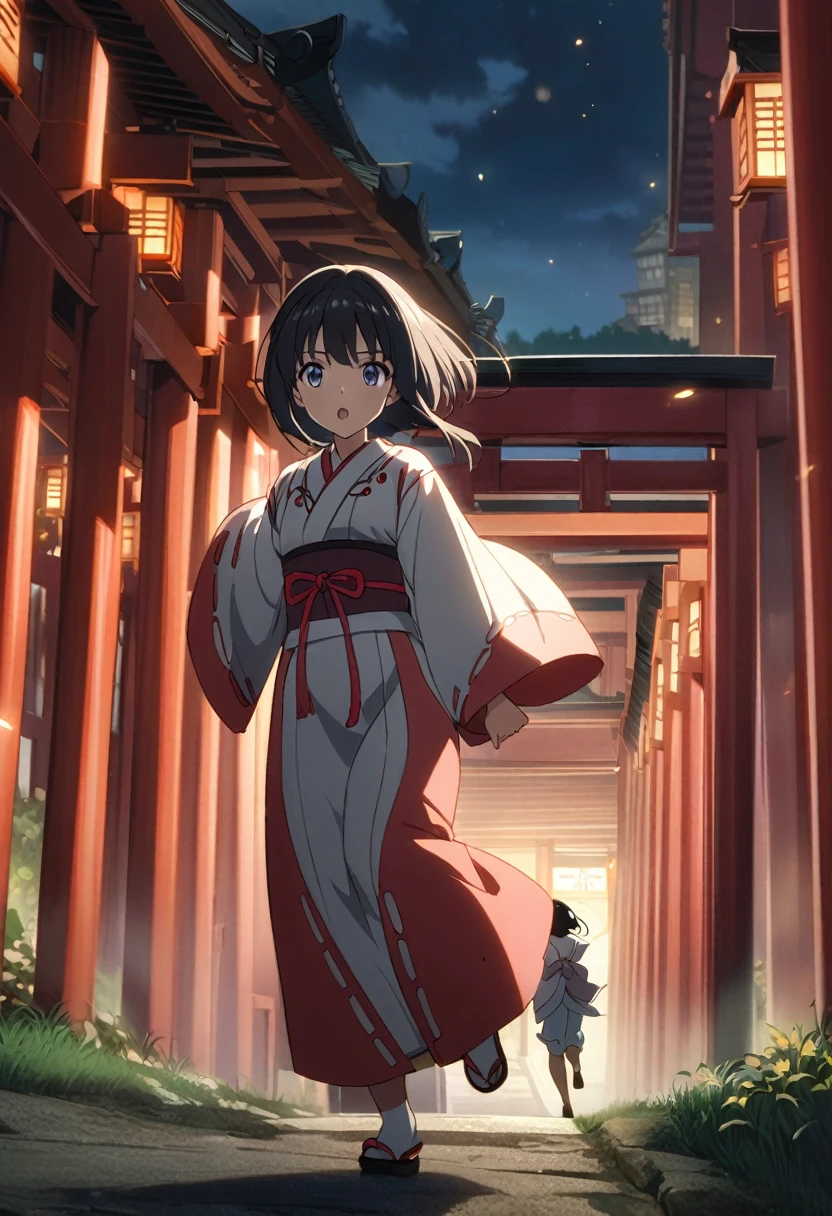 Black Hair、Iris、Japanese Shrine Maiden Clothing、running、Senbon Torii gates in the background、night、Masterpiece、Anime painting、