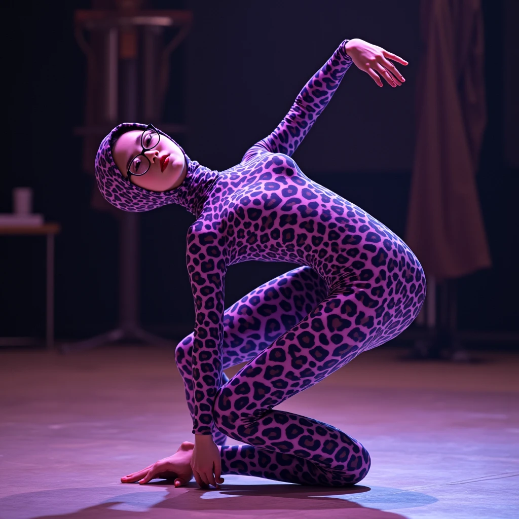 The beautiful and thinest chinese adult woman with glasses light purple and purple leopard print lycra elasticity turtleneck unitard catsuit.She always wear hijab-like zentai costume hood made of lycra elasticity.She performs contortion when she is my contortionist.