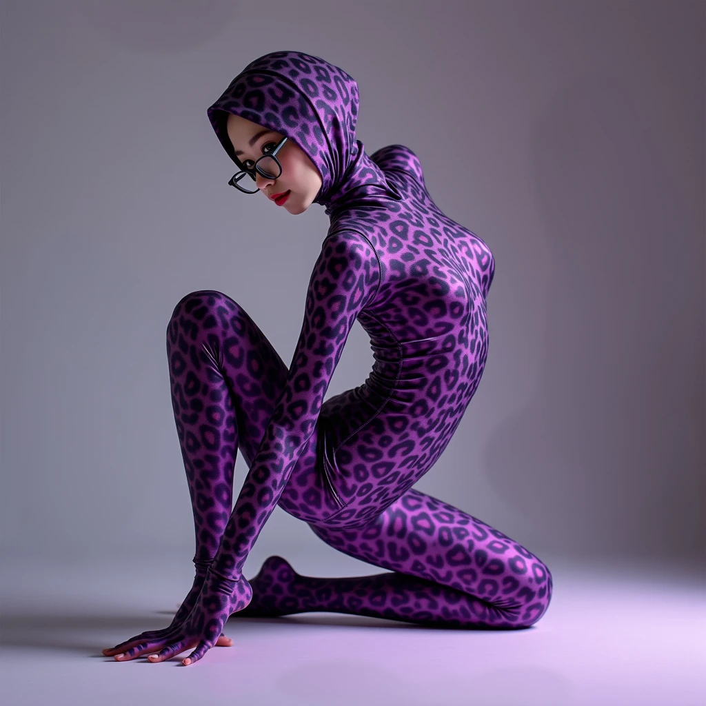 The beautiful and thinest chinese adult woman with glasses light purple and purple leopard print lycra elasticity turtleneck unitard catsuit.She always wear hijab-like zentai costume hood made of lycra elasticity.She performs contortion when she is my contortionist.