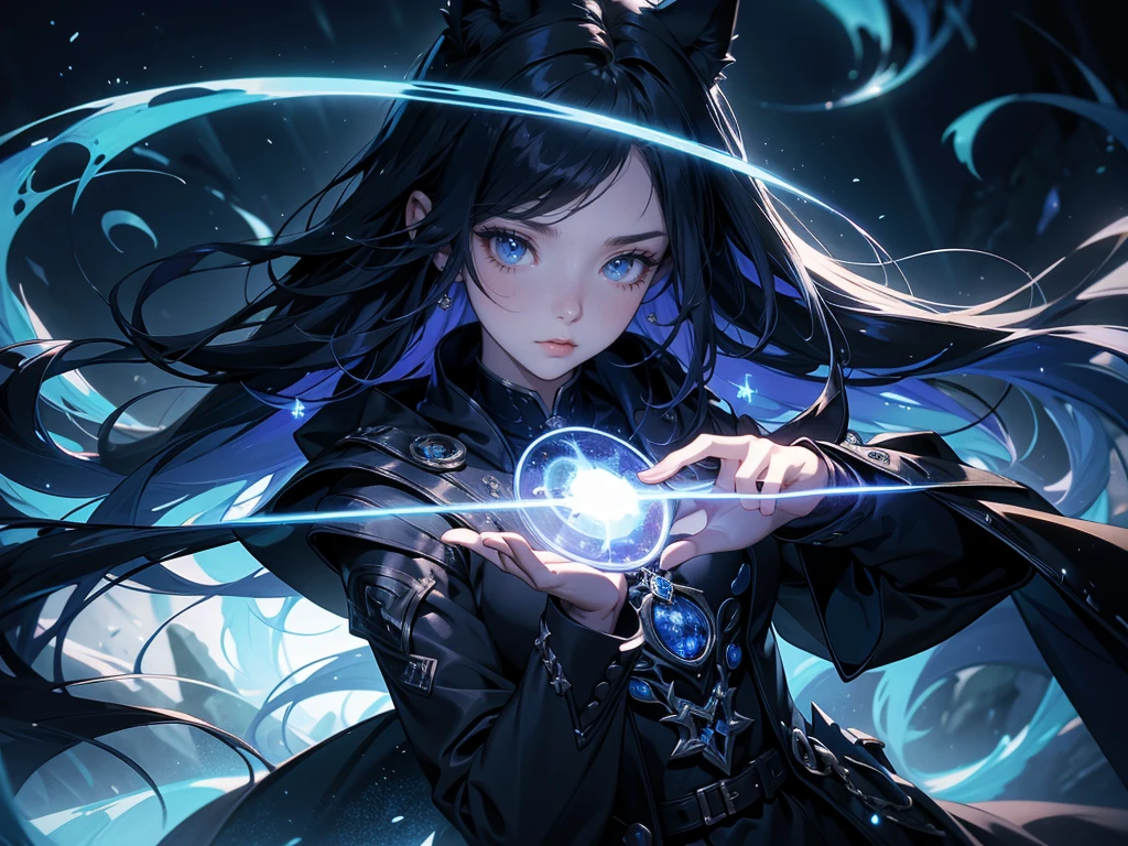 work of art, best resolution, cold and dark illusion hunter; fantastic,  imaginative, mysticism, powerful, alquimia, magie, charms, Spell, long and colorful hair