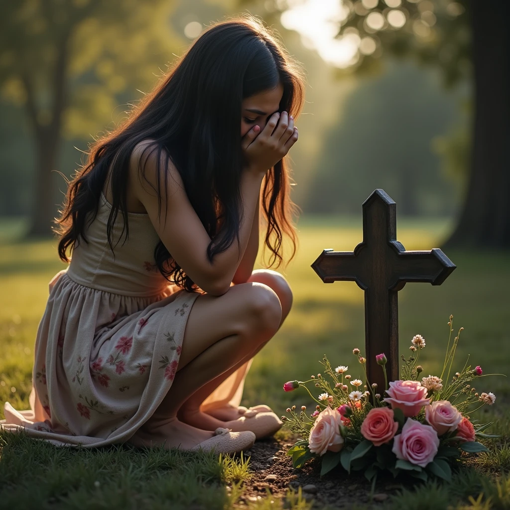 Young pretty woman, long dark hair kneeling crying, in front of her parents&#39; grave, crucifix, Floral, natta.