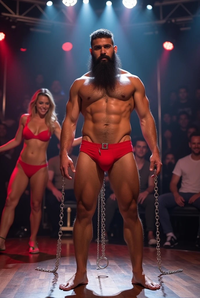 A young Puerto Rican man hairy bearded strong muscular red underwear bulge bulge, standing with legs open, with a ring with chains attached to his underwear that goes down to the floor, forcing his underwear down, lowering underwear, woman in red panties tries to help, in performance on a stage of a television program presented by a famous presenter.