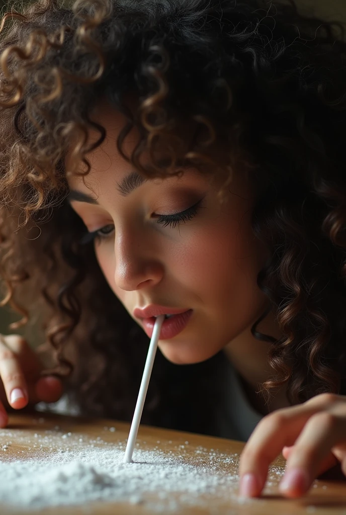 Make a picture of a big tits curly hair woman snorting cocaine line off table. Her long nose is bent over to cocaine line and she is sniffing it with straw in her nostril