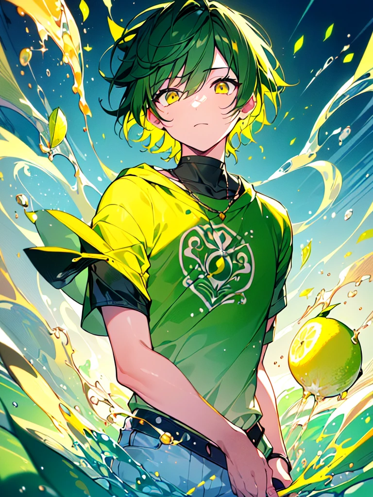 [(CITY BACKGROUND:1.5),::5], ((((masterpiece)))), high quality, very_high_resolution, large_filesize, upper body, full color, ((younger boy)), 13 old year, ((short green hair)), vivid color, ((yellow eye)), Summer clothes white, animestyle, (Lemon Lime Splash effect:1.3)