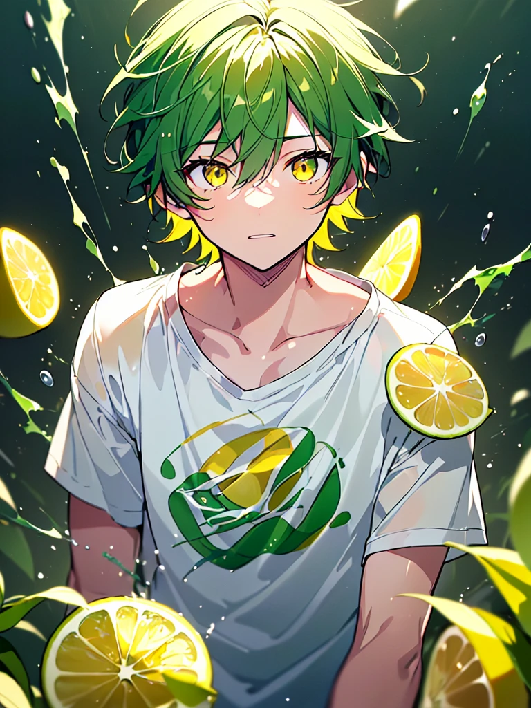 [(CITY BACKGROUND:1.5),::5], ((((masterpiece)))), high quality, very_high_resolution, large_filesize, upper body, full color, ((younger boy)), , ((short green hair)), vivid color, ((yellow eye)), Summer clothes white, animestyle, (Lemon Lime Splash effect:1.3)