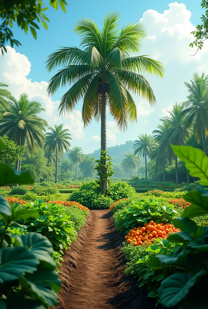 Vegetable garden in a wide area with one coconut tree.