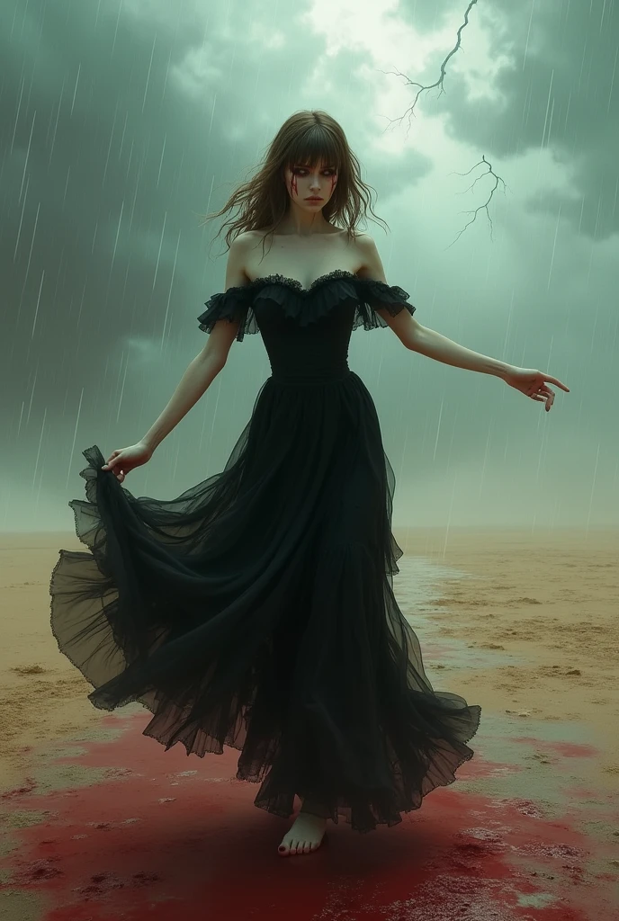 Female
Wearing a Tall black off the shoulder layery dress
Brown  hair reaching above  shoulders with curtain bangs and covering eye sockets
	Eye sockets empty with only blood oozing out
She has Pale white skin

With a Skinny hourglassish build with emotioless features 
Is 	dancing elegantly in a bloody desert with heavy rain and thunder in the back

Destined to be killed by a lover again